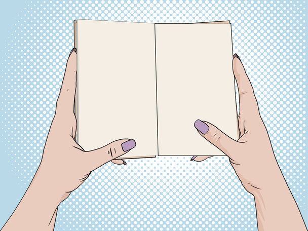 Las manos femeninas sostienen un cuaderno abierto. En blanco para las notas, diario. Dibujo, fondo de arte pop. raster
 - Foto, Imagen