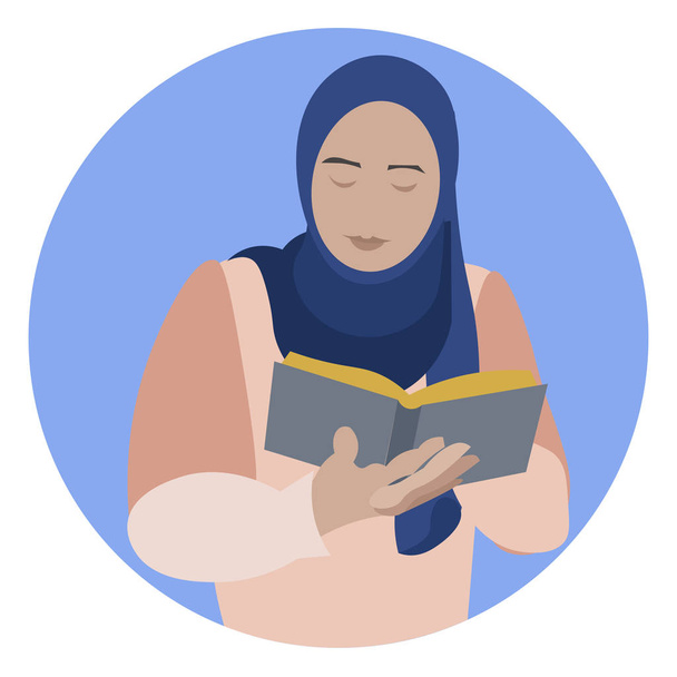 Mulher muçulmana lendo livro islâmico sagrado Alcorão. Direitos das mulheres à educação. Em estilo minimalista. Desenhos animados raster plana
 - Foto, Imagem