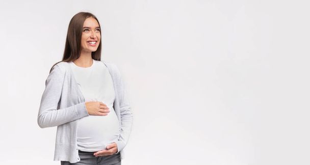 Mujer embarazada tocando el vientre de pie sobre fondo blanco, Panorama
 - Foto, Imagen
