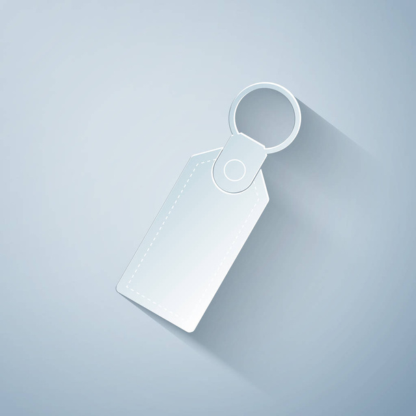 Paper cut Rectangular key chain with ring for key icon isolated on grey background. Paper art style. Vector Illustration - ベクター画像