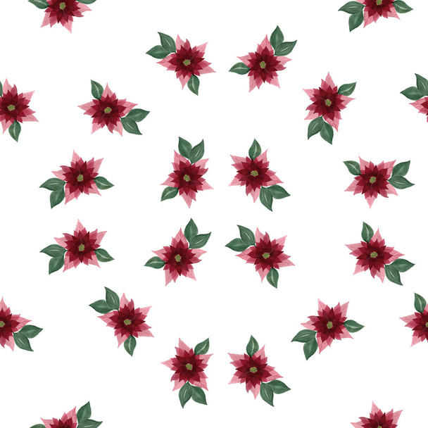 watercolor christmas floral background, seamless repeat pattern with poinsettias flowers - Foto, imagen
