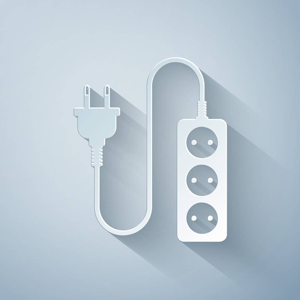 Paper cut Electric extension cord icon isolated on grey background. Power plug socket. Paper art style. Vector Illustration - ベクター画像