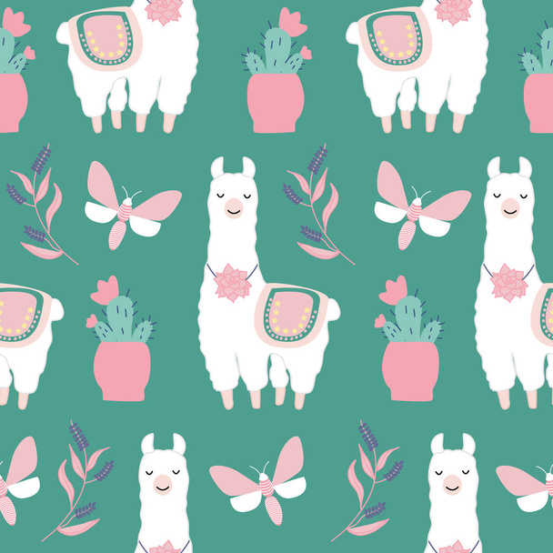Niedliche Lamas und Schmetterlinge in nahtlosem Muster-Design - Vektor, Bild
