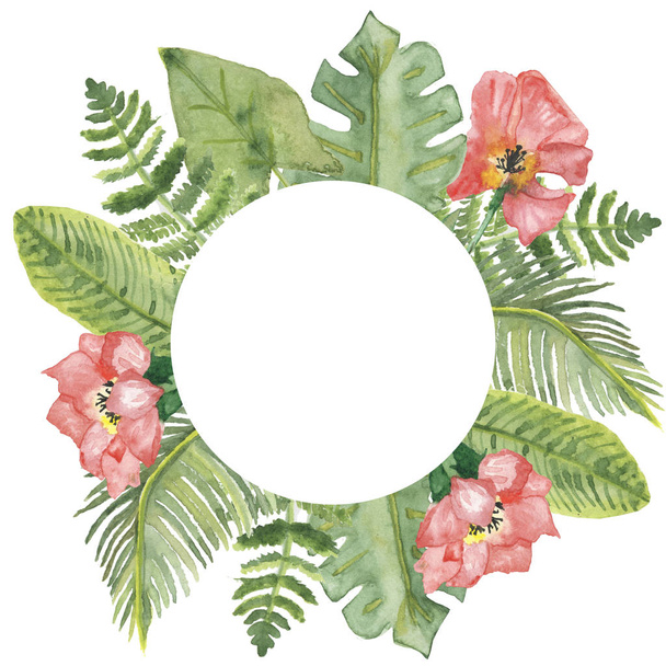 Watercolor hand painted nature summer jungle circle frame composition with green different tropical leaves and pink flowers on the white background for invitations and greeting card - Foto, immagini