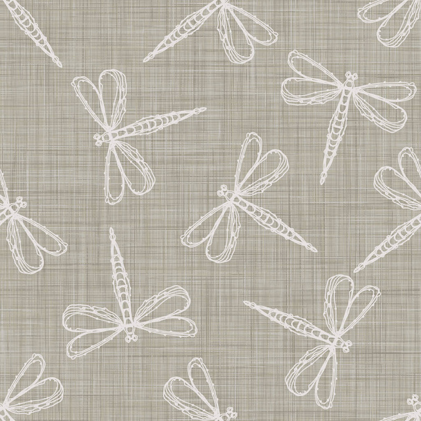 Natural Gray French Linen Texture Background. Old Ecru Flax Fibre Seamless Pattern printed with White Dragonfly. Organic Yarn Close Up Weave Fabric for Wallpaper, Cloth Packaging, Vector EPS10  - Vector, Image