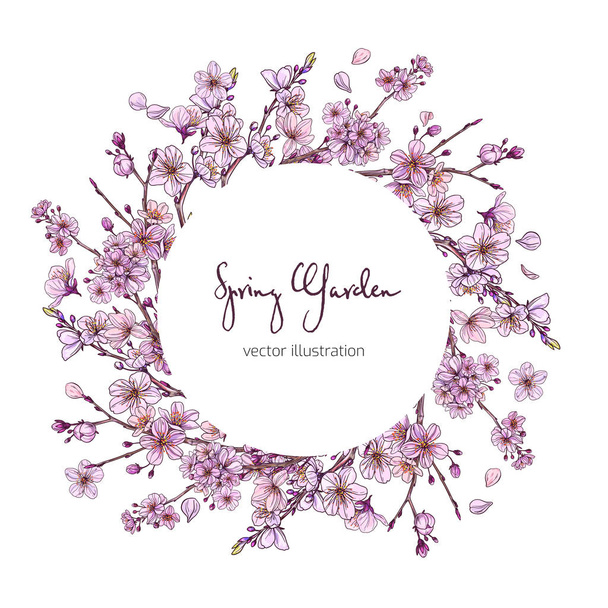 Sakura in bloom, round banner surrounded by branches with pink flowers - Vector, imagen
