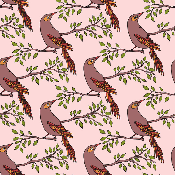 Απρόσκοπτη μοτίβο με ζωγραφισμένα στο χέρι διακοσμητικά πουλιά σε ροζ. - Διάνυσμα, εικόνα