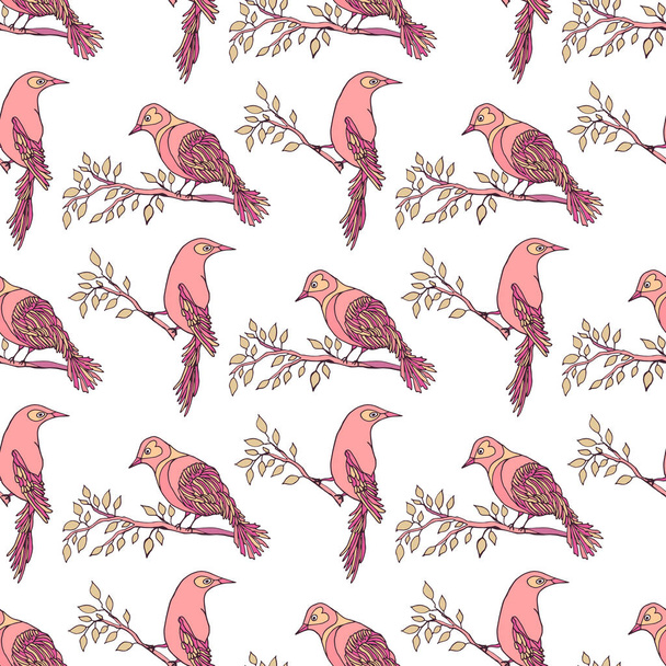 Seamless pattern with hand drawn decorative birds on white. - Vector, Image