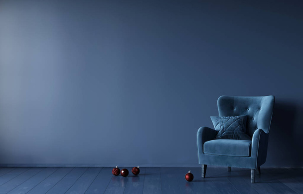 Εορταστικό μονόχρωμο εσωτερικό σε σκούρο μπλε χρώμα με βελούδινη πολυθρόνα - Φωτογραφία, εικόνα