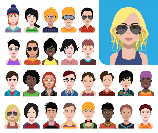 Set van mensen pictogrammen, avatars in platte stijl met gezichten. Kleurrijke illustratie  - Foto, afbeelding