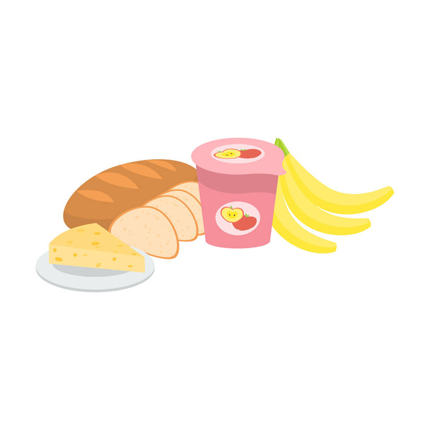 Breakfast with bread, cheese, yogurt and bananas vector illustration - Vector, imagen
