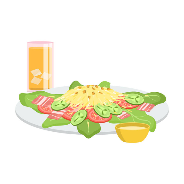 Breakfast with cesar salad with bacon, dressing, juice vector illustration - Vector, Image