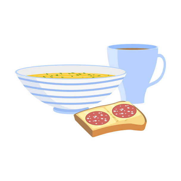 Breakfast with porridge, toast and cup of coffee vector illustration - Vector, imagen