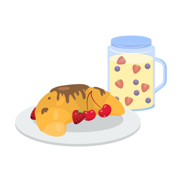Breakfast with berries and chocolate croissant and smoothie vector illustration - Vector, Image