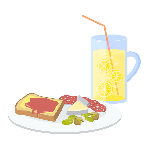 Breakfast with butter and jam toast, salami, lemonade vector illustration - Vector, Image