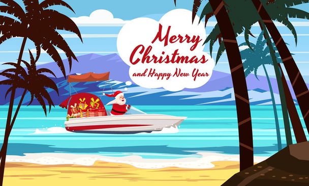 Vrolijk kerstfeest Kerstman op speedboot op oceaan zee tropisch eiland palmen bergen zee. Vector illustratie geïsoleerde cartoon stijl - Vector, afbeelding