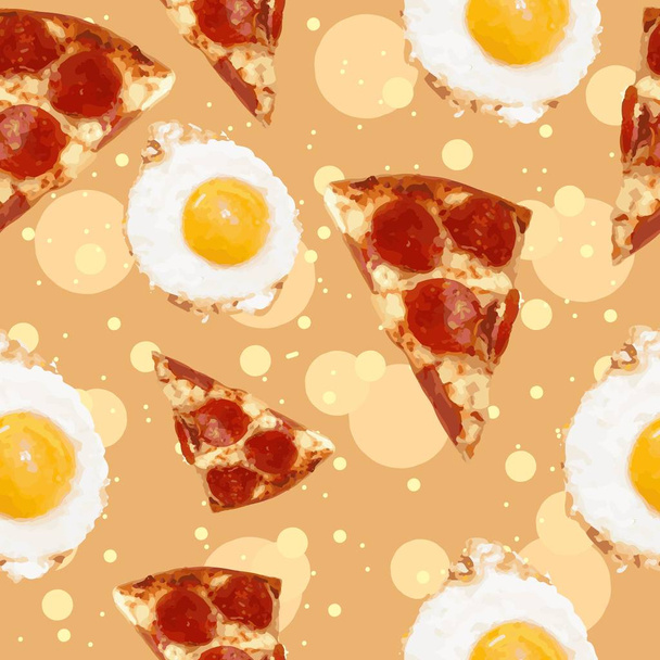 Pizza plakjes met peperoni, kaas en gebakken eieren, fast food naadloos patroon. Ontbijt vette maaltijd repetitieve achtergrond. - Vector, afbeelding