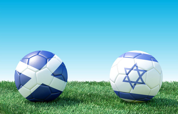 Two soccer balls in flags colors on green grass. Scotland and Israel. 3d image - Photo, Image