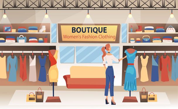 Modern clothing fashion boutique interior design with a girl tries on clothes. Flat style. Vector illustration - Vector, Image
