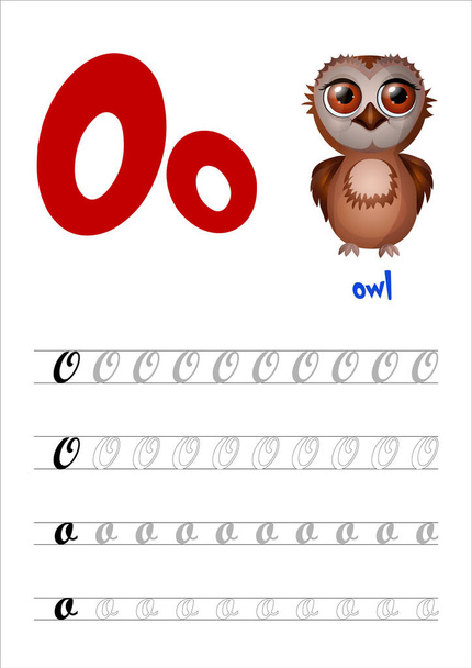 İngiliz alfabesinin büyük ve küçük harf O 'yu komik çizgi film Baykuşu ile yazmayı öğretecek sayfa düzenini tasarla. Düz stil. Vektör illüstrasyonu - Vektör, Görsel