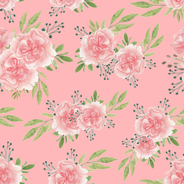 水彩カーネーションの花の花束とピンクのシームレスパターン - ベクター画像
