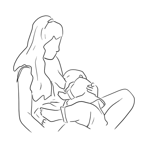 Mãe amamentação bebê vetor ilustração esboço doodle mão desenhada com linhas pretas isolado no fundo branco
 - Vetor, Imagem