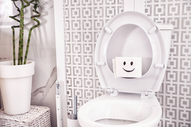 Roll of paper with funny face on toilet seat in bathroom - Foto, afbeelding