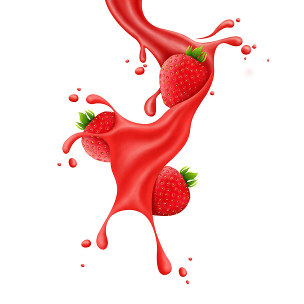 Truskawka plasterek soku splash realistyczne ilustracja jagoda owoce płyn, lato tropikalne wakacje pić płyn płynący w ruchu, izolowane na białym tle - Zdjęcie, obraz