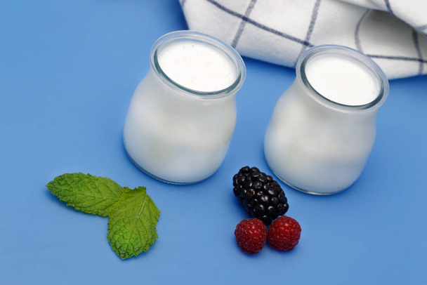 Tubs of natural yogurt, derived from cow's milk. - Foto, afbeelding