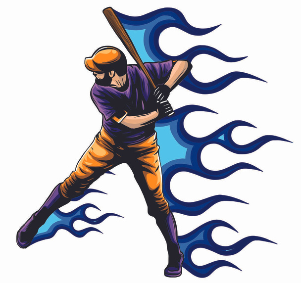 Baseball player vector illustration, batter swinging bat, hits ball - Vector, Image