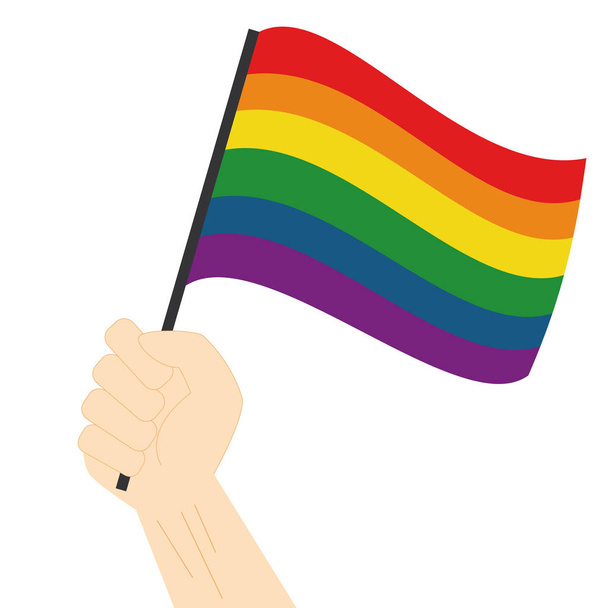 Ruční držení a zvedání Rainbow hrdost vlajka izolované na bílém pozadí - Vektor, obrázek