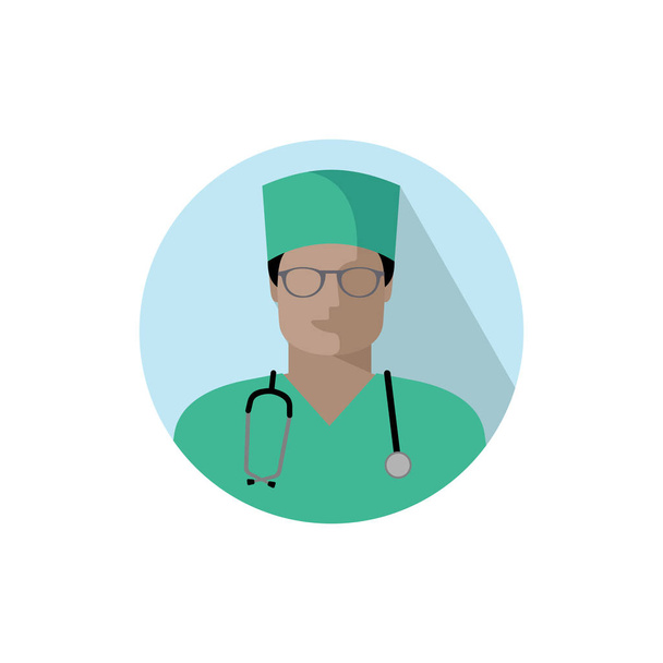 Vektor Arzt Ikone. Bild eines männlichen Arztes, Krankenpflegers oder Krankenpflegers mit Stethoskop in grüner Uniform, Brille und Kopfbedeckung. Farbabbildung des Arzt-Avatars im flachen Stil im Kreis - Vektor, Bild