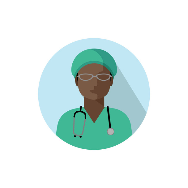 Vektorarzt-Symbol. Das Bild einer Ärztin mit Stethoskop in grüner Arztuniform und Brille. isolierte Farbabbildung, Avatar eines Arztes im flachen Stil im Kreis - Vektor, Bild
