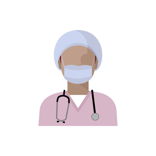 Піктограма векторного лікаря. Зображення жінки-лікаря, зі стетоскопом, в медичній формі з головним убором і марлевою захисною пов'язкою на обличчі. Ізольована кольорова ілюстрація, аватар лікаря
 - Вектор, зображення