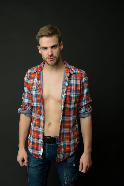 Handsome and sexy. Handsome man with bare torso dark background. Wellness and bodycare. Caucasian guy with handsome face. Male grooming. Handsome and well groomed - Фото, изображение