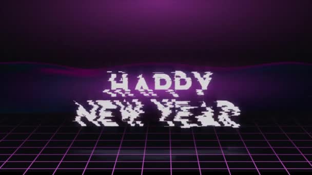 Feliz Año Nuevo 2020 animación de tarjetas de vídeo de las estaciones saludos cita de texto con efecto de distorsión de fallos en fondo de neón de los años 80. Vacaciones 4k secuencias de bucle sin costura
. - Metraje, vídeo