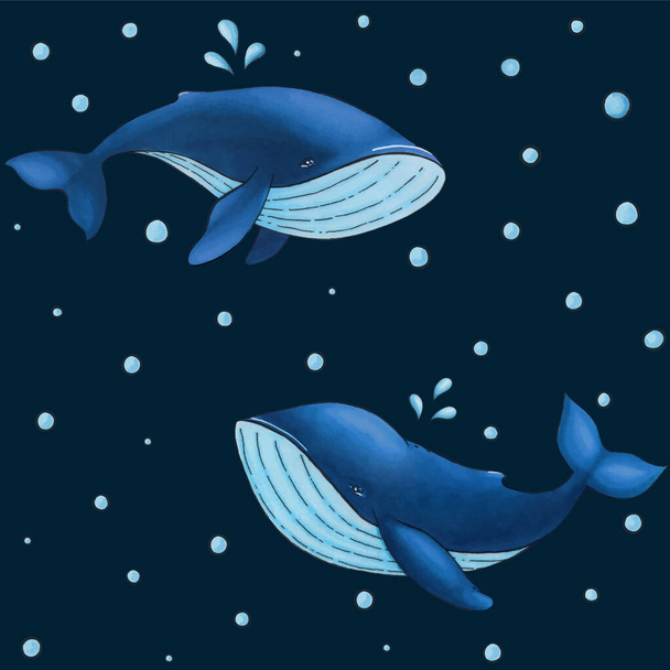 Vector naadloos patroon met leuke cartoon blauwe walvis op donkere achtergrond met waterdruppels - Vector, afbeelding