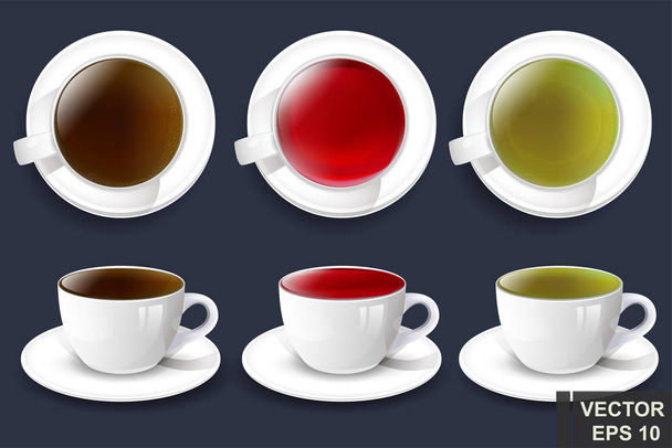 Tea set. Red, green and black. Realistic. mug. For your design. - Διάνυσμα, εικόνα