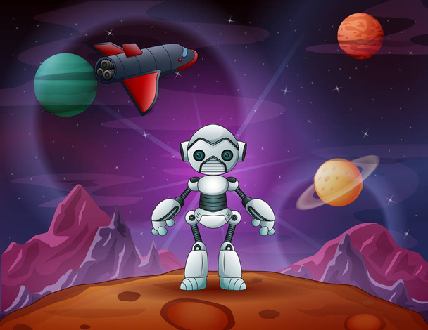 Robot cartoon in outer space with a plane - Vector, imagen