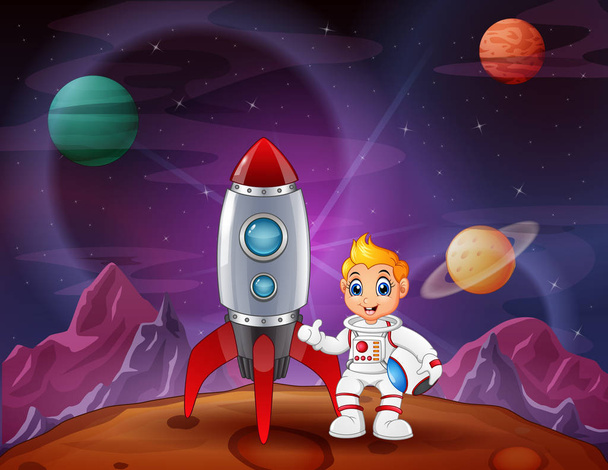 Niño astronauta de dibujos animados sosteniendo un casco y una nave espacial cohete en la luna
 - Vector, imagen