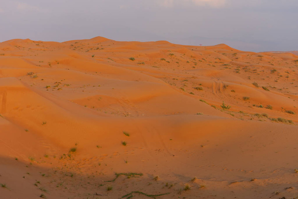 日の出の砂漠は、アラブ首長国連邦のラアス・アル・ハイマのさざ波や丘陵地帯で素晴らしい砂漠の風景を作る大胆な焦げオレンジ色の砂をもたらします. - 写真・画像