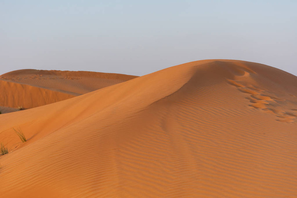 Wüste bei Sonnenaufgang bringt kühnen, orangefarbenen Sand hervor, der eine großartige Wüstenlandschaft auf wogenden oder sanften Hügeln in ras al khaimah, in den Vereinigten Arabischen Emiraten, entstehen lässt. - Foto, Bild