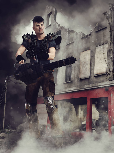 apokalyptische Szene mit einem futuristischen Kämpfer, der eine Waffe in der Hand hält und in den Ruinen einer Stadt steht. 3D-Darstellung. - Foto, Bild