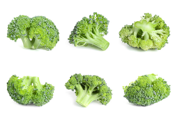 Collage of fresh green broccoli isolated on white - Foto, afbeelding