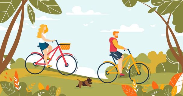 Homem e mulher casal andar de bicicleta na floresta
 - Vetor, Imagem