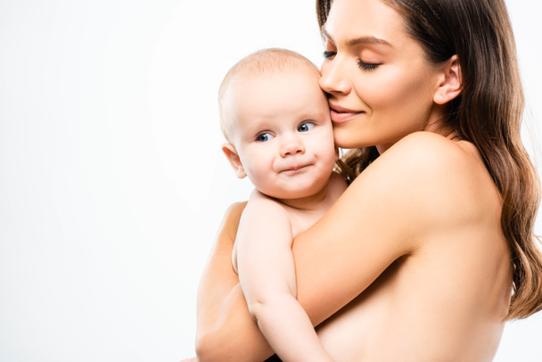 portrait of together naked mother holding baby, isolated on white - Foto, Bild