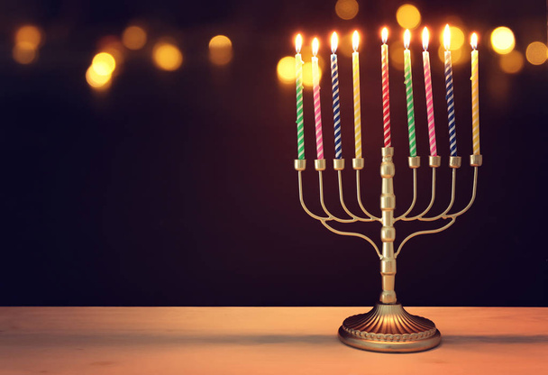 Religion image of jewish holiday Hanukkah background with menorah (traditional candelabra) and candles - Foto, Imagem