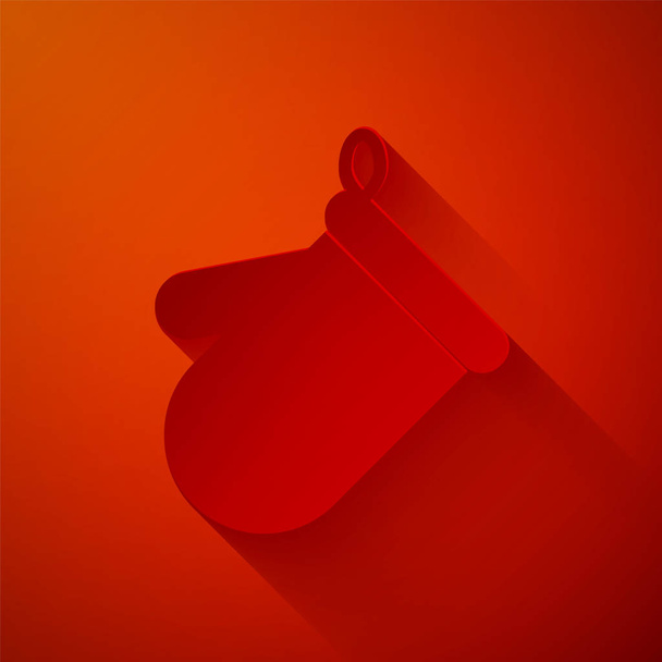 Backofenhandschuh-Symbol isoliert auf rotem Hintergrund. Küche Topflappen Zeichen. Kochhandschuh. Papierkunst. Vektorillustration - Vektor, Bild