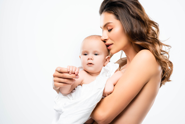 portrait of together nude mother holding baby, isolated on white - Photo, Image