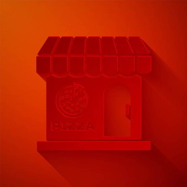 Papírvágás Pizzéria épület homlokzat ikon elszigetelt piros háttérrel. Gyorsétterem pizzéria kioszk. Papírművészeti stílus. Vektorillusztráció - Vektor, kép